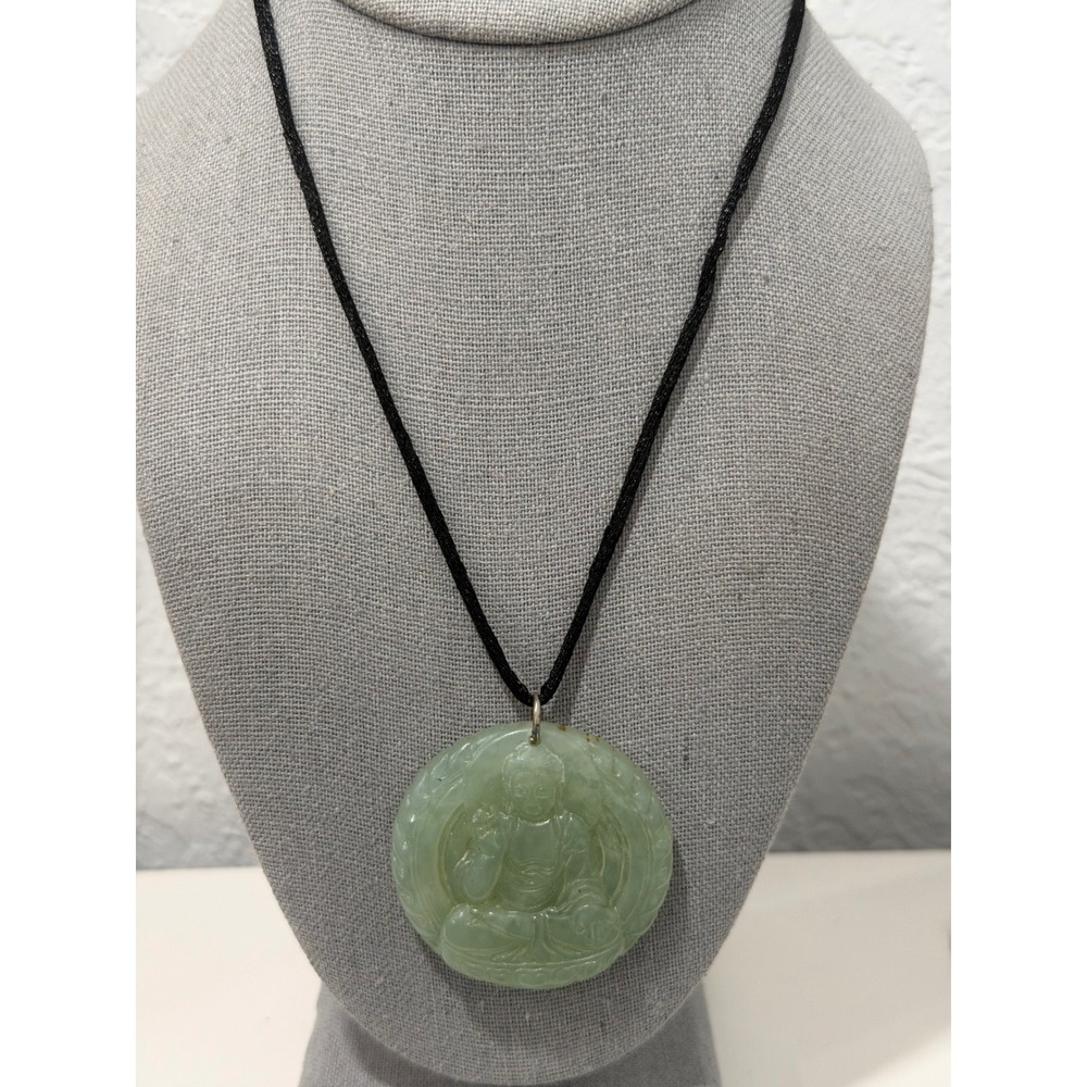 Buddha Pendant Necklace Green Glass Carved Stone‎ Black Cord Necklace